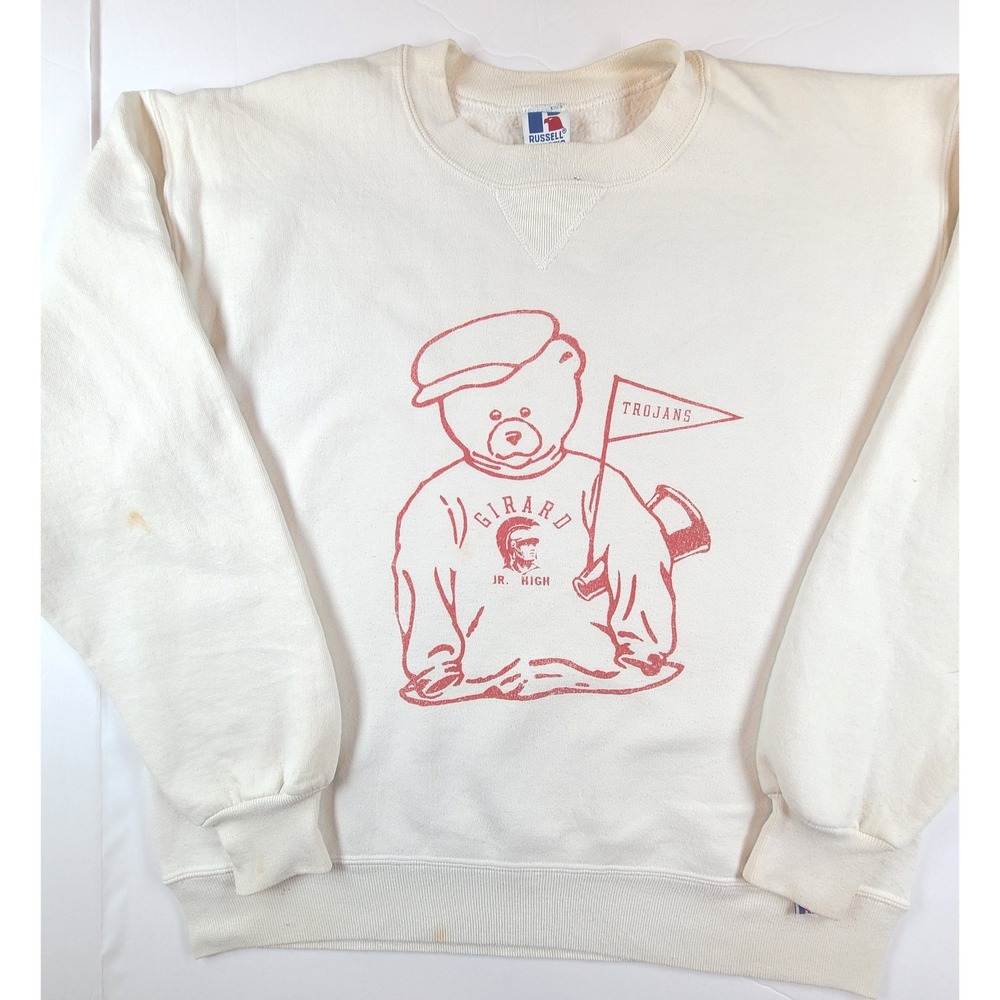 Vintage Russell Athletic Girard Jr High Trojans Bear Sweatshirt Large Mens Beige - Picture 2 of 9